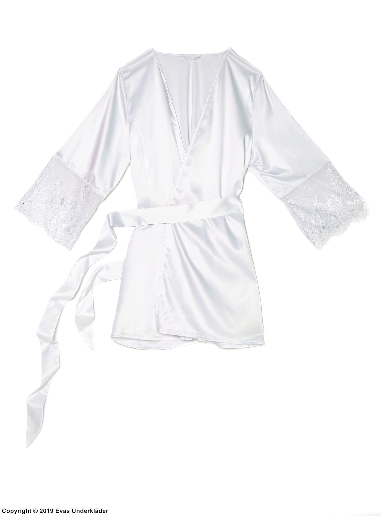 Elegant robe, satin, eyelash lace, sash, plus size
